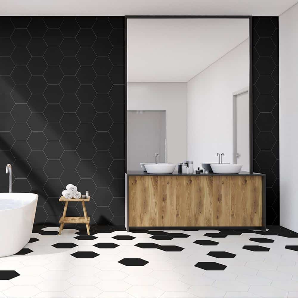 Carrelage salle de bain hexagonal noir 23x27 Negro Naturel, Element Belle Epoque Keros